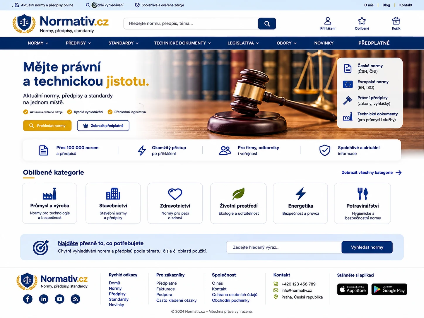 Vizuální návrh možného projektu Normativ.cz zaměřeného na normy, pravidla a oborové standardy